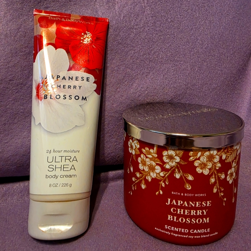 Bath & Body Works Japanese Cherry Blossom Body Ultra Shea Cream and Candle Set